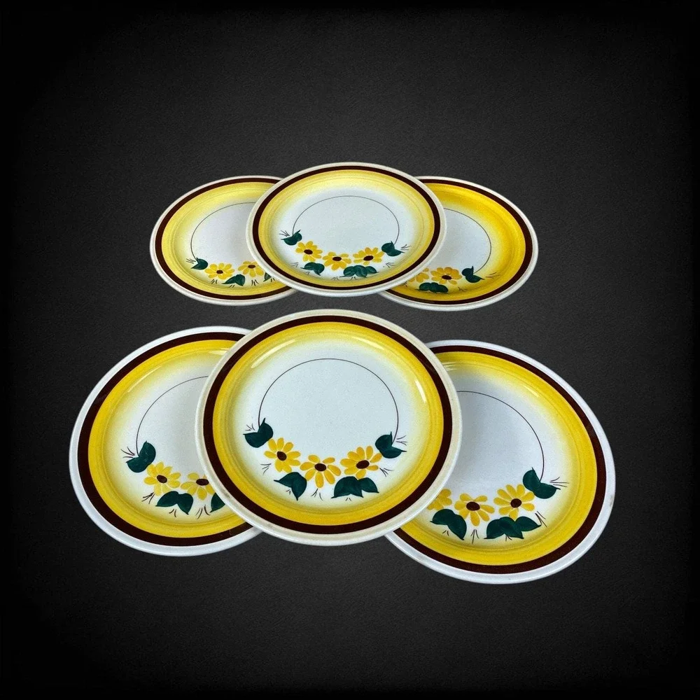 6 Vernonware Vernon Kilns Brown Eyed Susan Salad Plates Metlox 1940s 50s